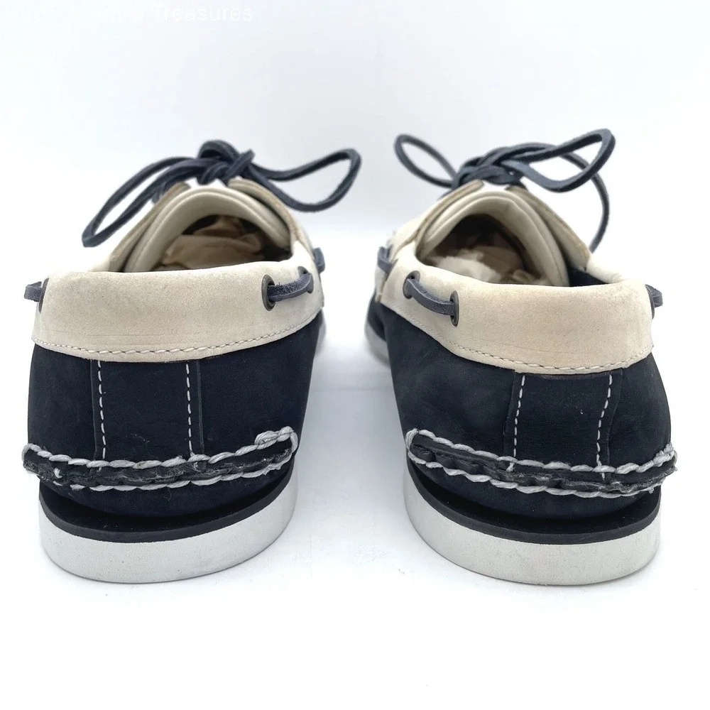 Timberland Classic 2-Eye Navy Blue Cream Leather Boat Shoes Men's Size 10M